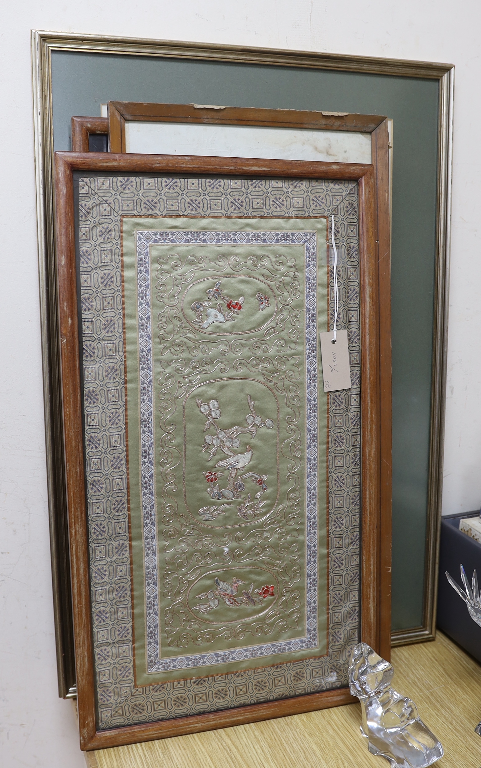 Four Chinese silk embroidered pictures including birds of paradise and a calligraphy scroll (each framed), largest 62cm x 36